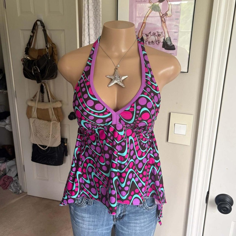 00s purple whimsy polka dot halter top (size M)